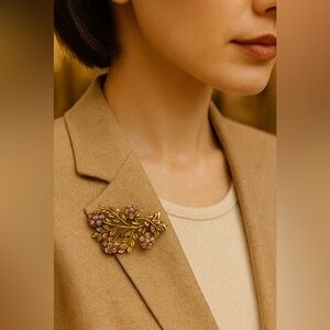 Vintage floral Aurora Borealis stones brooch in antique gold finish setting 💫